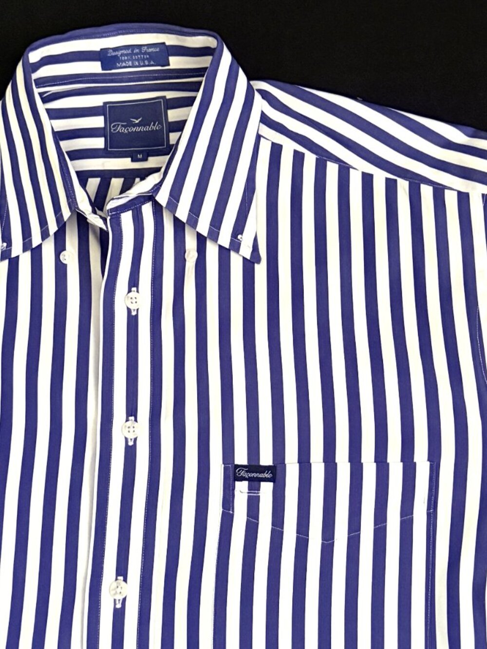Faconnable Mens Shirt M Blue/White Stripes 100% Cotton MADE IN USA